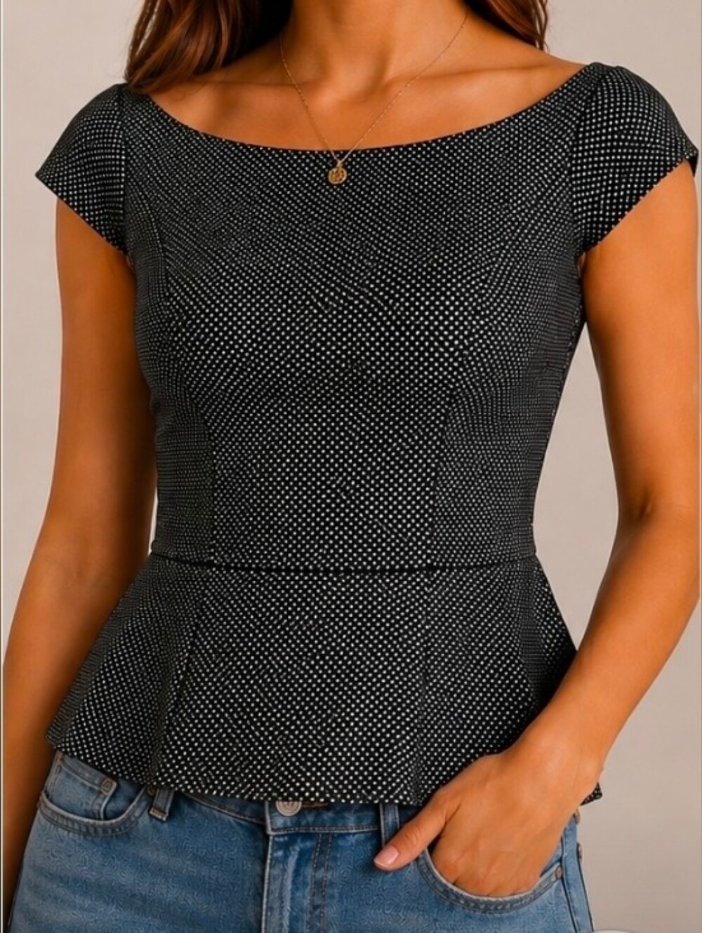 7th Avenue Design Studio Black Metallic Textured Flutter Sleeve Dress Top Medium